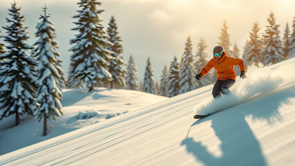 Fit sport guy in winter landscape skiing downhill fast in fresh deep snow between trees. Seasonal outdoor sport background. Skier in forest track at the mountains. Amazing recreational activity. ai