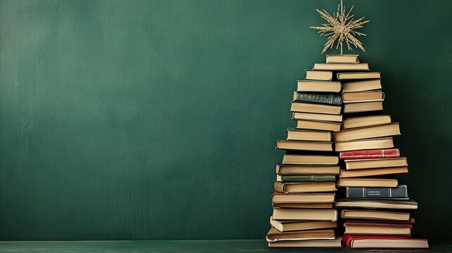Christmas tree made of books on a green background, , Christmas concept representing the holiday season and reading day
