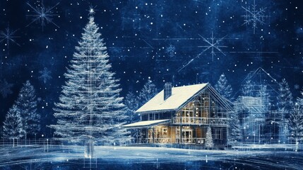 An intricate blueprint of a Christmas tree and cabin conveys holiday cheer through architectural precision and festive design