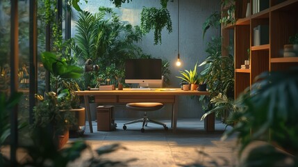A Tranquil Workspace for Enhanced Productivity with Natural Elements and Warm Lighting