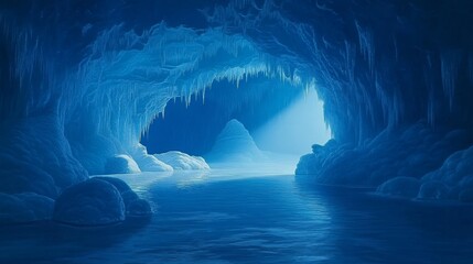 Serene Blue Ice Cave Waterway Glacial Landscape