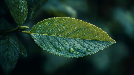 Dewdrops adorn a single green leaf in nature