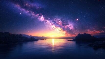 Vibrant Milky Way galaxy over tranquil ocean at sunset.