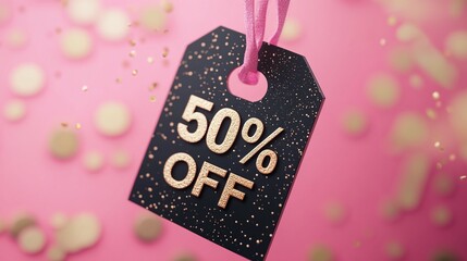 striking black price tag features "50% OFF" in bold gold letters, set against a playful pink and gold speckled background. Ideal for Black Friday promotions, it draws shoppers' attention to excit