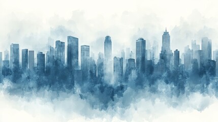 Blue Watercolor Cityscape Skyline Modern Buildings