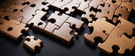Obraz premium Wooden puzzle pieces on a black background, ideal for educational activities