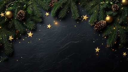 Starry christmas background with pine branches and gold stars