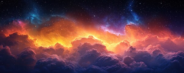 Fototapeta premium A stunning cosmic scene with vibrant orange and blue hues illuminating fluffy clouds under a starry sky, evoking a sense of wonder and tranquility.
