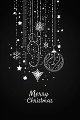 Black Christmas greet card with white, minimalist illustrations of ornaments and stars, and "Merry Christmas" in handwritten font. Banner. Background. Design.