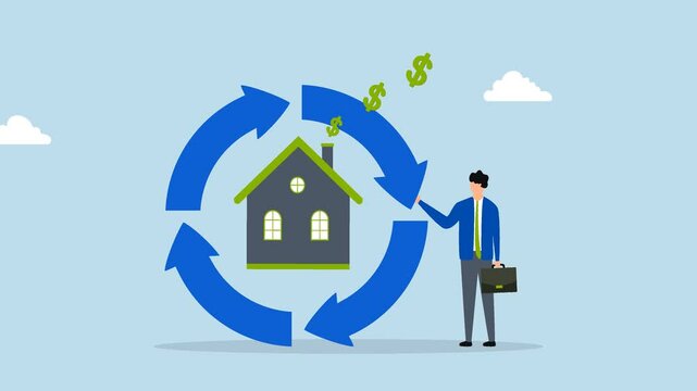 Reverse mortgage, 4k animation of businessperson is generating dollar symbols by using their house as collateral for a reverse mortgage. 