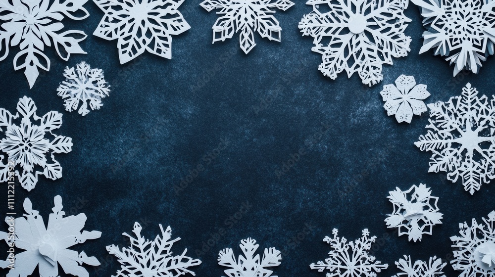 Aufkleber delicate paper snowflakes are arranged on a dark surface, providing ample space for adding messages 