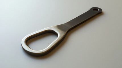 A silver bottle opener with a wooden handle lies on a table.