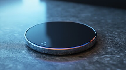 A close-up of a round, black wireless charging pad on a gray surface.