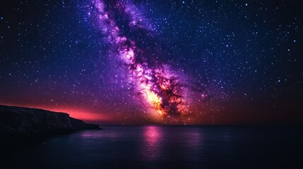 Fototapeta premium Vibrant Milky Way galaxy rising over a calm ocean at night, reflecting in the water.