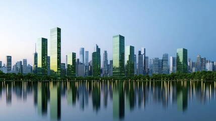 Obraz premium Modern city skyline with reflective water surface and green buildings.