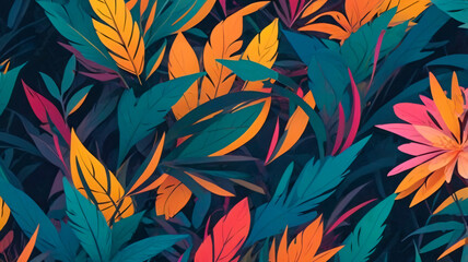 A Vibrant colored Design of floral and leaves in creative pattern used as a Gift wrapper, wall paper and Art work.