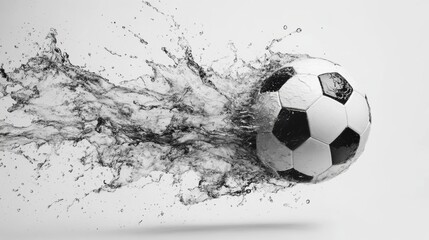 Soccer Ball Splashing Through Water  Dynamic Action Shot  Black and White
