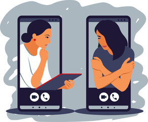 Online therapy. Psychotherapist supports woman with psychological problems on transparent background. Counselling for people under stress and depression over online services.