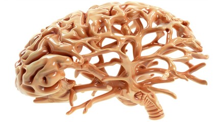 Close-up of human brain model with visible crack symbolizing brain injury, placed on white background with ample copy space, highlighting delicate brain structure.