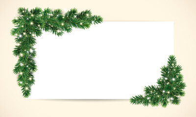 Christmas square frame. Christmas tree branches with glowing Christmas lights and space for text. Holiday fir tree garland. Festive winter season decoration, spruce branches.