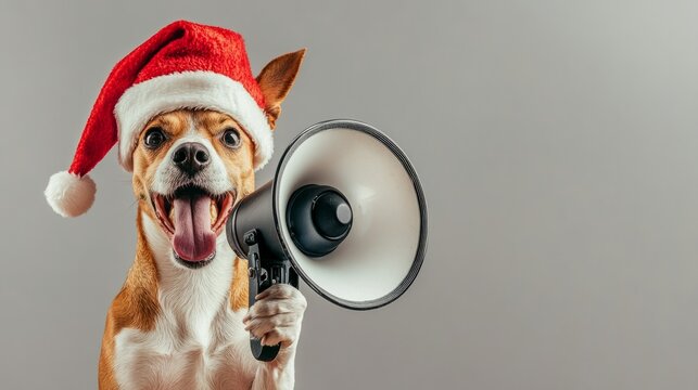 Funny Jack Russell Terrier wearing a Christmas hat holding a megaphone announcing Christmas sales and advertising discounts with empty space for text