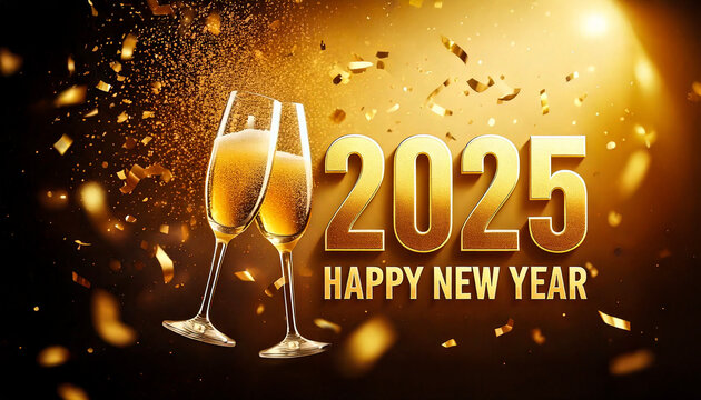 Capodanno 2025, illustrazione con coriandoli e bicchieri di champagne