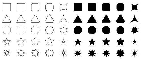 Set of Basic Geometric Shapes, Different Variations Flat and Outline Shapes, Black, Icon Set, Geometric Elements Collection, Isolated, Vector