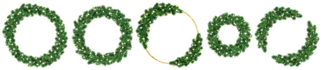 Christmas wreaths with glowing Christmas lights. Golden glitter ring. Christmas tree decoration. Holiday garland. Festive frame, realistic fir-tree branches. Transparent background in vector file