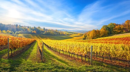 Fototapeta premium Autumnal Vineyard Landscape: Golden Hues and Rolling Hills