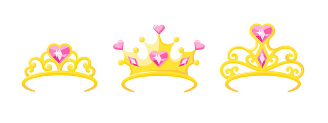 A decorative gold tiara with sparkling diamonds and heart shaped gems, symbolizing luxury, royalty, and elegance, perfect for fairytale designs.