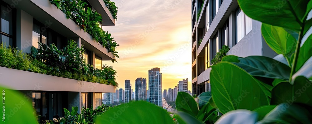 Poster modern architecture with lush greenery and a vibrant sunset in the background.