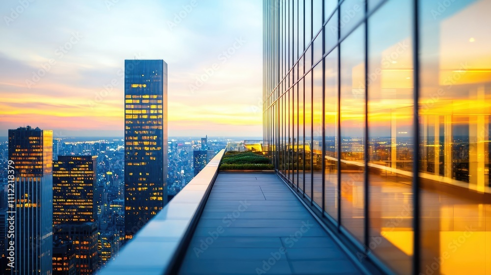 Poster modern skyline view with reflections during sunset from a high-rise building