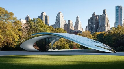 Modern Architectural Pavilion Surrounded by City Skyscrapers