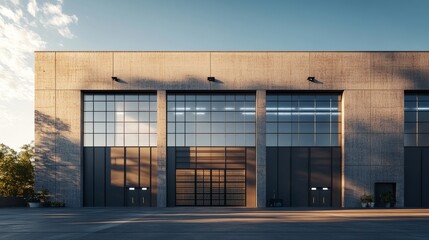 Obraz premium A minimalist industrial warehouse with broad metal doors, large grid-style windows, and a textured concrete facade
