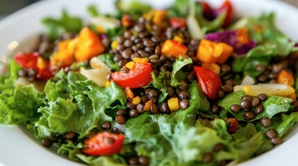 Fresh Healthy Salad with Colorful Vegetables and Lentils