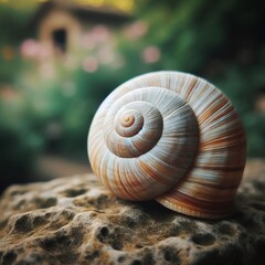 Snail Shell on a Rock A close up of a snail shell its spiral pat