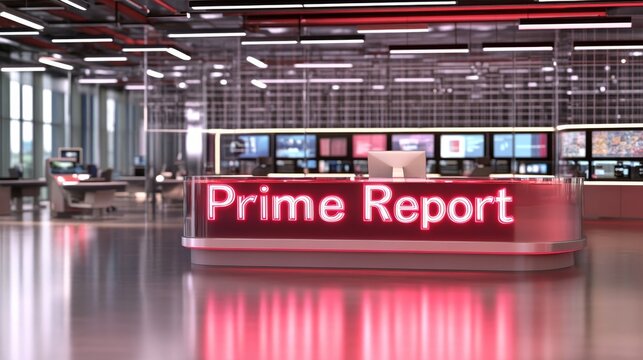 Modern newsroom featuring glowing text "Prime Report" on a floating transparent desk, vibrant red and silver tones, digital screens showing weather updates and satellite imagery, Photorealistic
