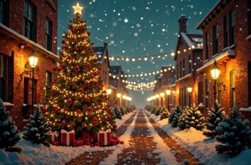 A charming Christmas street scene with snow-covered cobblestone paths, decorated trees, and glowing lanterns, creating a cozy and festive winter wonderland.