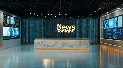 Hyper-modern studio with glowing text "News Tonight" on a white marble desk, subtle blue and gold tones, LED screens displaying satellite feeds and world data, Photorealistic