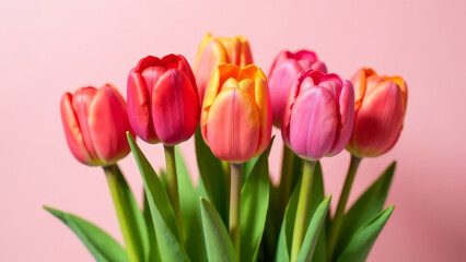Fototapeta premium A bouquet of red and pink tulips on a pink background. Concept of congratulations on the holiday.