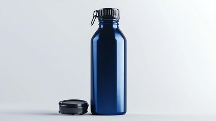 Blue Glass Bottle with Black Cap on Grey Background