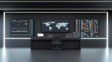 Hyper-realistic studio with a minimalist dark gray desk, cool cyan and white tones, LED wall displaying animated 3D maps and stock updates, Photorealistic
