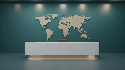 Stylish news studio with a white desk with gold accents, dark teal and silver tones, LED walls showcasing international news visuals, Photorealistic
