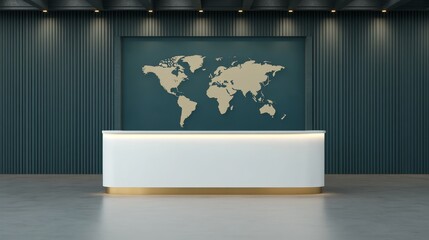 Stylish news studio with a white desk with gold accents, dark teal and silver tones, LED walls showcasing international news visuals, Photorealistic
