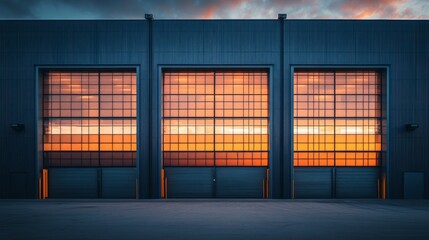 Fototapeta premium An industrial warehouse facade featuring large rectangular windows and steel double doors, basking in warm evening light