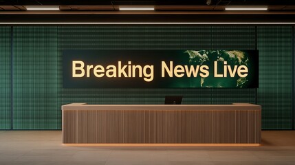 Hyper-realistic news studio featuring glowing text "Breaking News Live" on a modern wood-grain desk, deep green and beige tones, LED walls displaying nature-focused global updates, Photorealistic