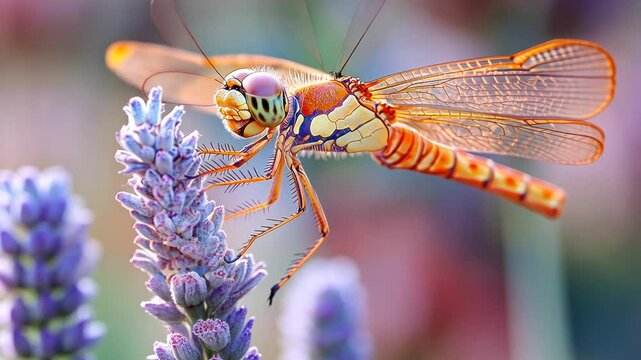 Close-up of a colorful dragonfly on lavender.