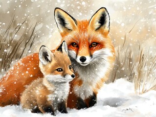 Adorable fox family in the winter.