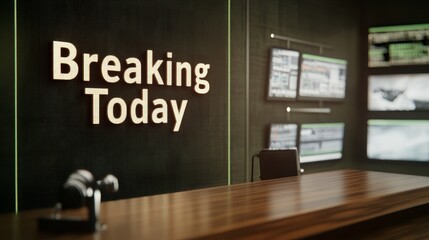 News studio with glowing text "Breaking Today" on a glossy wood-finished desk, olive green and black color tones, digital screens displaying regional weather updates, Photorealistic
