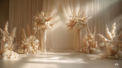 A serene event space adorned with soft drapes and elegant floral arrangements, creating a warm and inviting atmosphere.